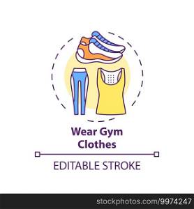 Wearing gym clothes concept icon. Home physical training tip idea thin line illustration. Loose clothing and breathable fabrics. Activewear. Vector isolated outline RGB color drawing. Editable stroke. Wearing gym clothes concept icon