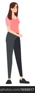 Wearing home casual outfit semi flat RGB color vector illustration. Pleased woman isolated cartoon character on white background. Wearing home casual outfit semi flat RGB color vector illustration