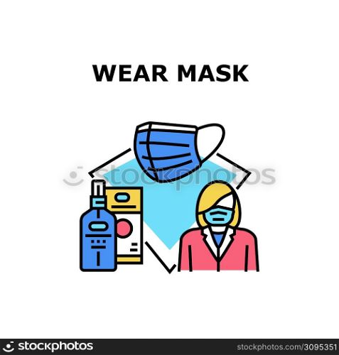 Wearing Mask Vector Icon Concept. Woman Wearing Mask And Using Disinfectant Spray Chemical Liquid For Protect Health From Coronavirus Disease. Protective Facial Accessory Color Illustration. Wearing Mask Vector Concept Color Illustration