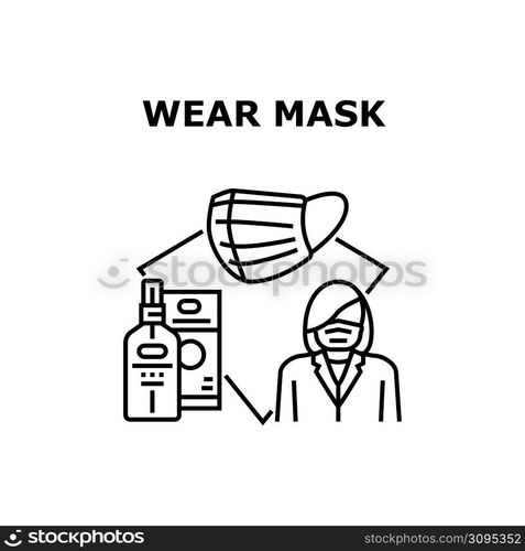 Wearing Mask Vector Icon Concept. Woman Wearing Mask And Using Disinfectant Spray Chemical Liquid For Protect Health From Coronavirus Disease. Protective Facial Accessory Black Illustration. Wearing Mask Vector Concept Color Illustration