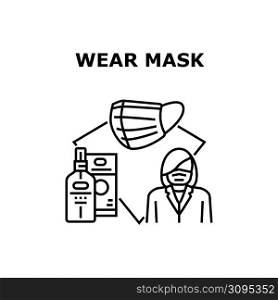 Wearing Mask Vector Icon Concept. Woman Wearing Mask And Using Disinfectant Spray Chemical Liquid For Protect Health From Coronavirus Disease. Protective Facial Accessory Black Illustration. Wearing Mask Vector Concept Color Illustration