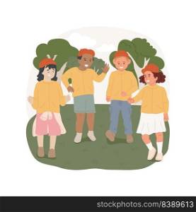 Wearing matching colors isolated cartoon vector illustration. Group of children wearing bright jackets, dressed in the same caps, field trip security measure, kids walk outdoors vector cartoon.. Wearing matching colors isolated cartoon vector illustration.