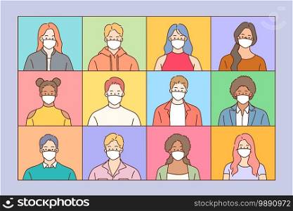 Wearing medical protective masks against virus concept. Group of people different ages and ethnicity wearing medical disposable and fabric breathing protective medical masks outdoors illustration. Wearing medical protective masks against virus concept