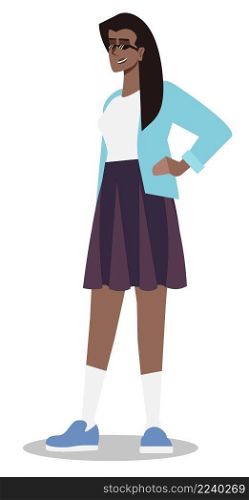 Wearing stylish school uniform semi flat RGB color vector illustration. Female teenager isolated cartoon character on white background. Wearing stylish school uniform semi flat RGB color vector illustration