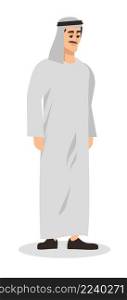 Wearing traditional white robe semi flat RGB color vector illustration. Mustached man isolated cartoon character on white background. Wearing traditional white robe semi flat RGB color vector illustration
