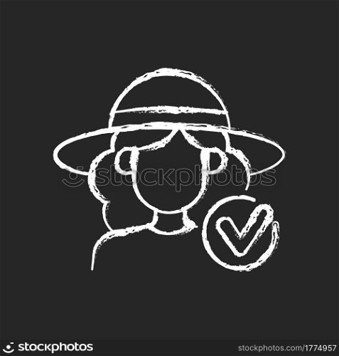Wearing wide brimmed hat chalk white icon on dark background. Woman in outfit for beach. Avoid sunstroke during summer. Heatstroke prevention. Isolated vector chalkboard illustration on black. Wearing wide brimmed hat chalk white icon on dark background