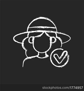 Wearing wide brimmed hat chalk white icon on dark background. Woman in outfit for beach. Avoid sunstroke during summer. Heatstroke prevention. Isolated vector chalkboard illustration on black. Wearing wide brimmed hat chalk white icon on dark background