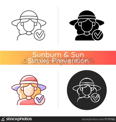Wearing wide brimmed hat icon. Woman in outfit for beach. Avoid sunstroke with headwear during summer. Heatstroke prevention. Linear black and RGB color styles. Isolated vector illustrations. Wearing wide brimmed hat icon