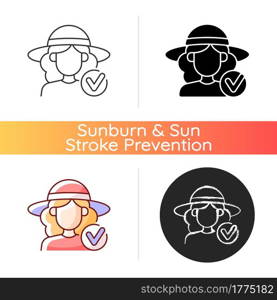 Wearing wide brimmed hat icon. Woman in outfit for beach. Avoid sunstroke with headwear during summer. Heatstroke prevention. Linear black and RGB color styles. Isolated vector illustrations. Wearing wide brimmed hat icon