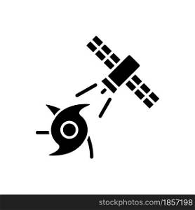 Weather and climate monitoring satellite black glyph icon. Climate change investigation. Meteorological Earth observation system. Silhouette symbol on white space. Vector isolated illustration. Weather and climate monitoring satellite black glyph icon