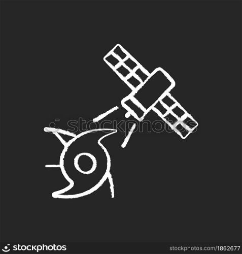 Weather and climate monitoring satellite chalk white icon on dark background. Climate change investigation. Meteorological Earth observation system. Isolated vector chalkboard illustration on black. Weather and climate monitoring satellite chalk white icon on dark background