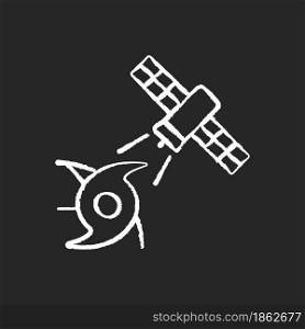 Weather and climate monitoring satellite chalk white icon on dark background. Climate change investigation. Meteorological Earth observation system. Isolated vector chalkboard illustration on black. Weather and climate monitoring satellite chalk white icon on dark background