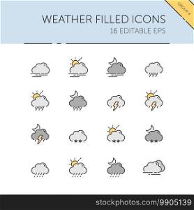 Weather and meteorology. Clouds, fog, rain, storm, snow and sleet group. Isolated color icon set. Filled vector illustration