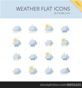 Weather and meteorology group. Clouds, fog, rain, storm, snow and sleet. Isolated color icon set. Flat vector illustration
