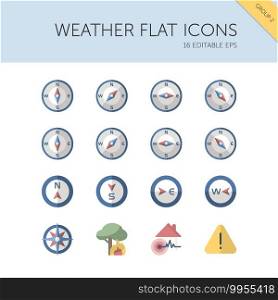 Weather and meteorology group. Compass and natural disasters. Isolated color icon set. Flat vector illustration