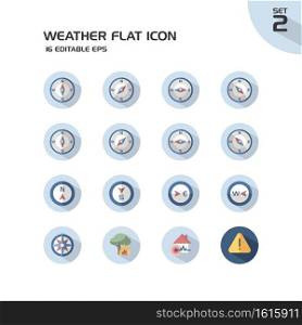 Weather and meteorology group. Compass and natural disasters. Isolated color icon set in a circle. Flat vector illustration