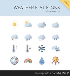 Weather and meteorology group. Sun, clouds, temperature and pressure. Isolated color icon set. Flat vector illustration