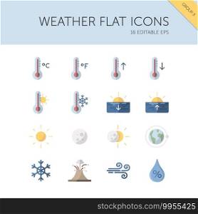 Weather and meteorology group. Temperature, humidity and natural phenomenon. Isolated color icon set. Flat vector illustration