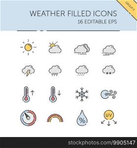 Weather and meteorology. Sun, clouds, temperature and pressure group. Isolated color icon set. Filled vector illustration