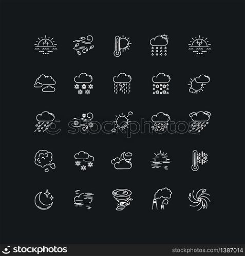 Weather chalk white icons set on black background. Meteorology. Sky condition prediction. Temperature, wind and atmospheric precipitation forecasting. Isolated vector chalkboard illustrations. Weather chalk white icons set on black background