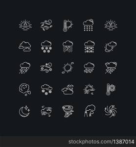 Weather chalk white icons set on black background. Meteorology. Sky condition prediction. Temperature, wind and atmospheric precipitation forecasting. Isolated vector chalkboard illustrations. Weather chalk white icons set on black background