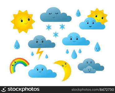 Weather characters. Cute cartoon clouds sun rainbow with funny faces for kids room wallpaper. Vector set stickers illustration character weather. Weather characters. Cute cartoon clouds sun rainbow with funny faces for kids room wallpaper. Vector set