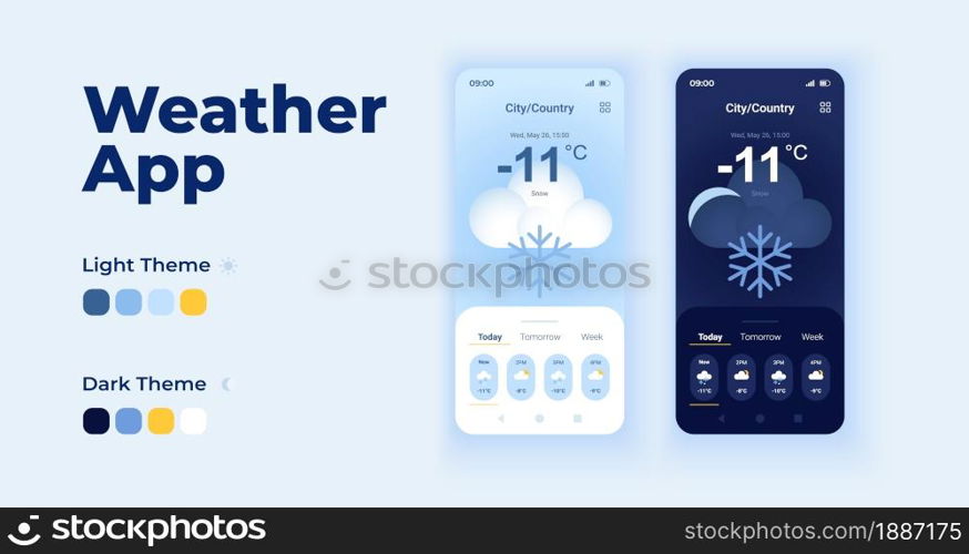 Weather check cartoon smartphone interface vector templates set. Winter overcast. Mobile app screen page day and dark mode design. Forecast UI for application. Phone display with flat character. Weather check cartoon smartphone interface vector templates set