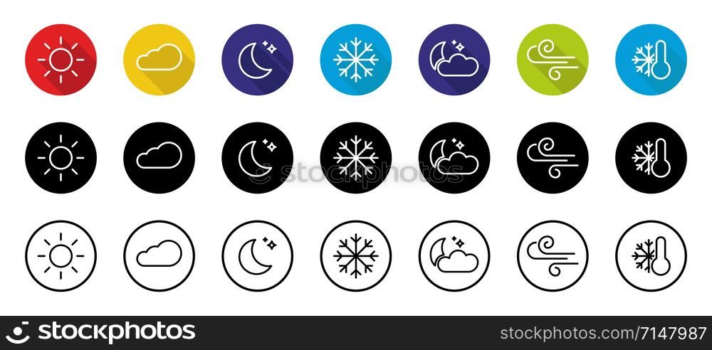Weather color icons set isolated on white background. Weather storm illustration sun rain symbol weather storm icon. Weather collection vector icons. EPS 10