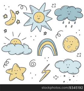 Weather conditions colored doodle set. Cute characters cloud, sun, star, moon, lightning hand drawn bunch. Meteorological simple icons, isolated vector illustration. Weather conditions colored doodle set