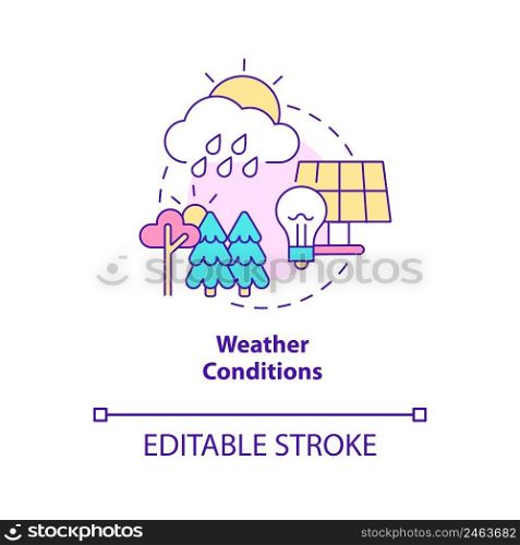 Weather conditions concept icon. Net zero energy building weak spot abstract idea thin line illustration. Panel efficiency. Isolated outline drawing. Editable stroke. Arial, Myriad Pro-Bold fonts used. Weather conditions concept icon