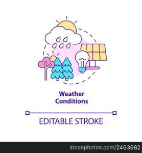Weather conditions concept icon. Net zero energy building weak spot abstract idea thin line illustration. Panel efficiency. Isolated outline drawing. Editable stroke. Arial, Myriad Pro-Bold fonts used. Weather conditions concept icon