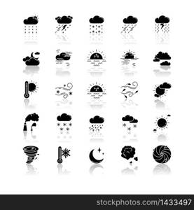 Weather drop shadow black glyph icons set. Meteorology. Sky condition prediction. Temperature, wind and atmospheric precipitation forecasting. Isolated vector illustrations on white space. Weather drop shadow black glyph icons set