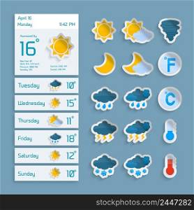 Weather extended forecast computer paper decorative widgets with sun clouds rain and snow icons vector illustration