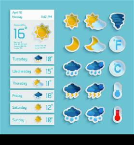 Weather extended forecast computer paper decorative widgets with sun clouds rain and snow icons vector illustration