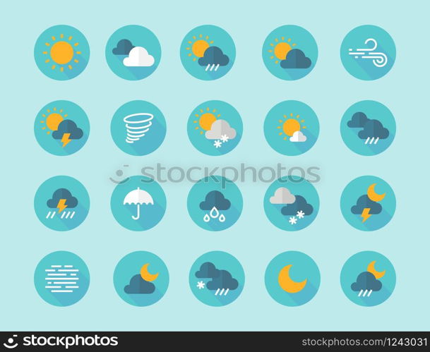 Weather flat icons. Interface infographic elements with sun clouds rain fog wind symbols. Vector flat icon set in blue color with silhouette freeze lightning hail wind. Weather flat icons. Interface infographic elements with sun clouds rain fog wind symbols. Vector flat icon set