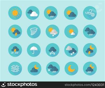 Weather flat icons. Interface infographic elements with sun clouds rain fog wind symbols. Vector flat icon set in blue color with silhouette freeze lightning hail wind. Weather flat icons. Interface infographic elements with sun clouds rain fog wind symbols. Vector flat icon set