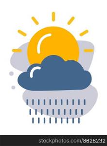 Weather forecast and meteorology icon or widget, isolated sign with sun hiding by cloud with raindrops. Raining and warmth, summer season climate graphic art. Vector in flat style illustration. Sun hiding behind clouds, weather forecast icon