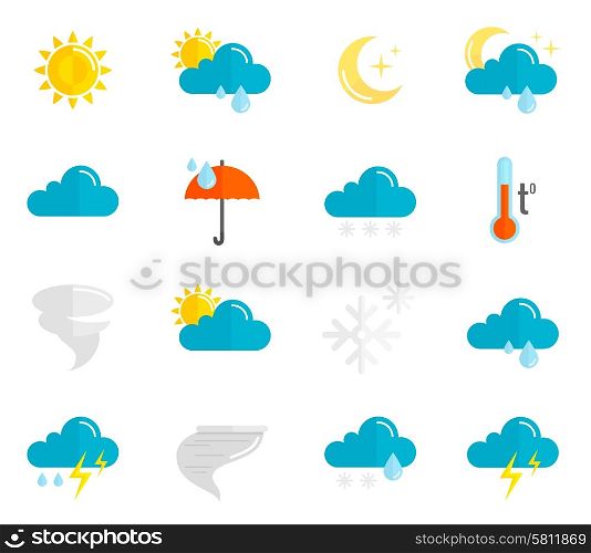 Weather forecast and meteorology symbols icons flat set isolated vector illustration. Weather Icons Flat Set