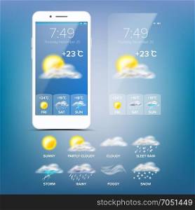Weather Forecast App Vector. Blue Background. Application Of Science And Technology. State Of The Atmosphere. Illustration. Weather Forecast App Vector. Realistic Smartphone Screen. Weather App With Icons. Design Element Illustration