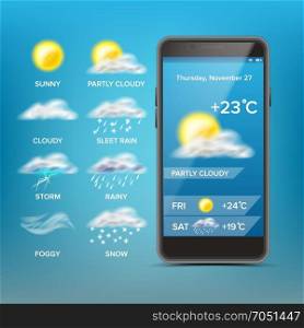 Weather Forecast App Vector. Good For Use In Mobile Phone App. Predict The State Of The Atmosphere For A Given Location. Illustration. Weather Forecast App Vector. Blue Background. Application Of Science And Technology. State Of The Atmosphere. Illustration