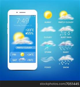 Weather Forecast App Vector. Realistic Smartphone Screen. Weather App With Icons. Design Element Illustration. Weather Forecast App Vector. Realistic Smartphone. Weather App With Icons. Weather Icons Set. Blue Background. Mobile Weather Application Screen. Design Element Illustration