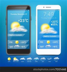 Weather Forecast App Vector. Realistic Smartphone. Weather App With Icons. Weather Icons Set. Blue Background. Mobile Weather Application Screen. Design Element Illustration. Weather Forecast App Vector. Weather Icons Set. Blue Background. Mobile Weather Application Screen. Illustration