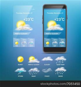 Weather Forecast App Vector. Weather Icons Set. Blue Background. Mobile Weather Application Screen. Illustration. Weather Forecast App Vector. Good For Use In Mobile Phone App. Predict The State Of The Atmosphere For A Given Location. Illustration