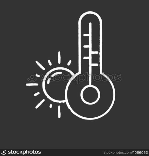 Weather forecast chalk icon. Anticyclone. Drought. Atmospheric conditions and air temperature. Sun and thermometer. Meteorological observations. Global warming. Isolated vector chalkboard illustration