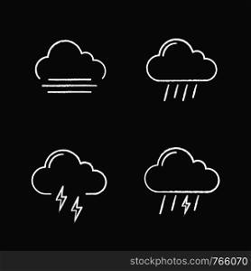 Weather forecast chalk icons set. Autumn. Fog, rainy weather, thunder, thunderstorm. Isolated vector chalkboard illustrations. Weather forecast chalk icons set