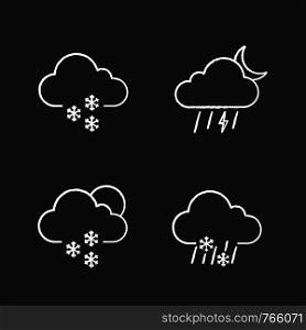 Weather forecast chalk icons set. Light snow, night thunderstorm, scattered snow, sleet weather. Isolated vector chalkboard illustrations. Weather forecast chalk icons set