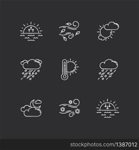 Weather forecast chalk white icons set on black background. Sky condition and temperature prediction. Day and night atmospheric precipitation, wind speed. Isolated vector chalkboard illustrations. Weather forecast chalk white icons set on black background