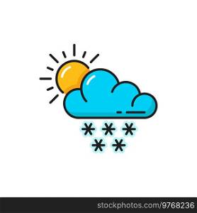 Weather forecast, cloud, snow and sun, vector color outline symbol. Day weather forecast of snowfall, overcast and cold weather temperature, climate pictogram. Weather forecast, cloud, snow and sun outline icon