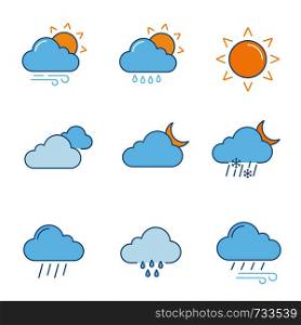 Weather forecast color icons set. Partly cloudy and windy weather, drizzle rain, sun, clouds, night, pouring and drizzle rain, wind, overcast, sleet. Isolated vector illustrations. Weather forecast color icons set