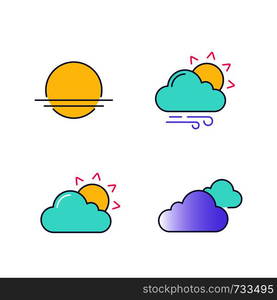 Weather forecast color icons set. Sunrise, sunset, partly cloudy and windy weather, clouds. Isolated vector illustrations. Weather forecast color icons set